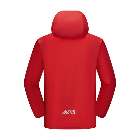 Red jacket with a hood on a white background, featuring the Polar Feet logo.