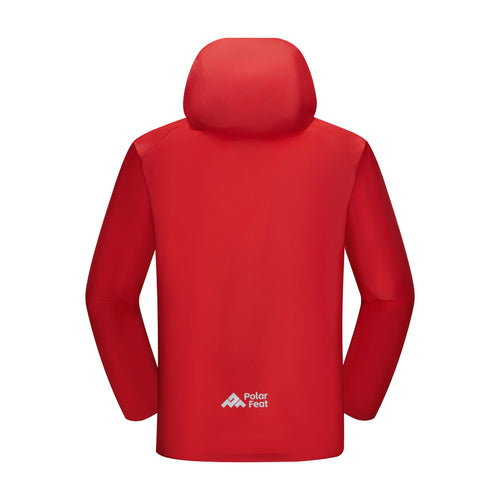 Red jacket with a hood on a white background, featuring the Polar Feet logo.
